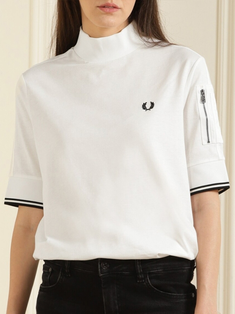 

Fred Perry Women White High Neck Pockets Pure Cotton T-shirt