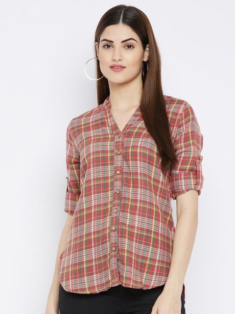 

Ruhaans Women Rust Red Classic Tartan Checks Checked Casual Shirt