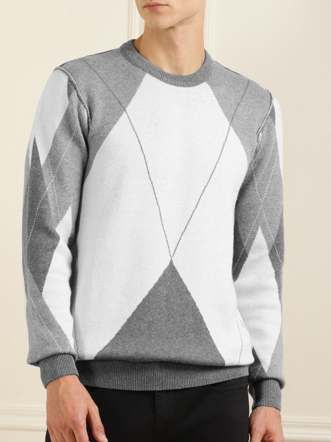 

Ted Baker Men Grey & Off White Diamond Pattern Cotton Pullover