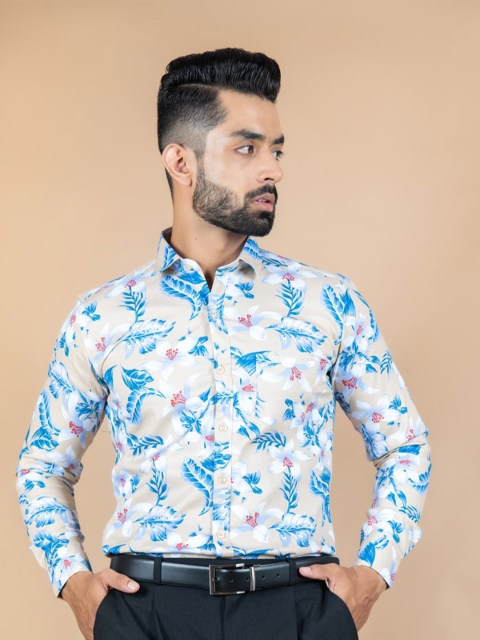 

Tistabene Men Beige & Blue Smart Floral Printed Cotton Formal Shirt