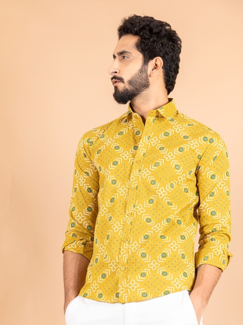 

Tistabene Men Yellow Smart Jaipuri Printed Cotton Casual Shirt
