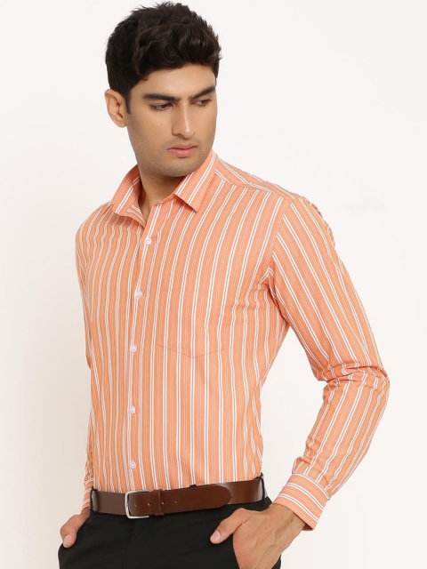 

Tistabene Men Orange & White Smart Vertical Striped Cotton Formal Shirt