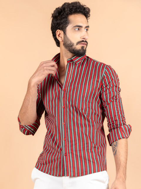 

Tistabene Men Red Smart Striped Casual Shirt