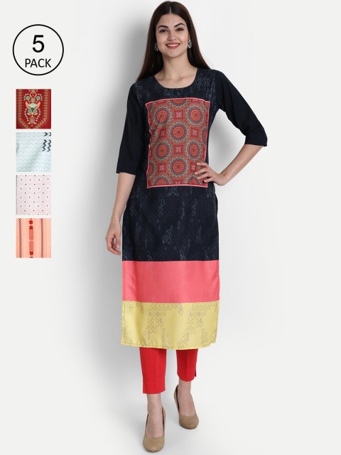 

1 Stop Fashion Women Pack of 5 Multicoloured Printed Straight Kurtas, Multi