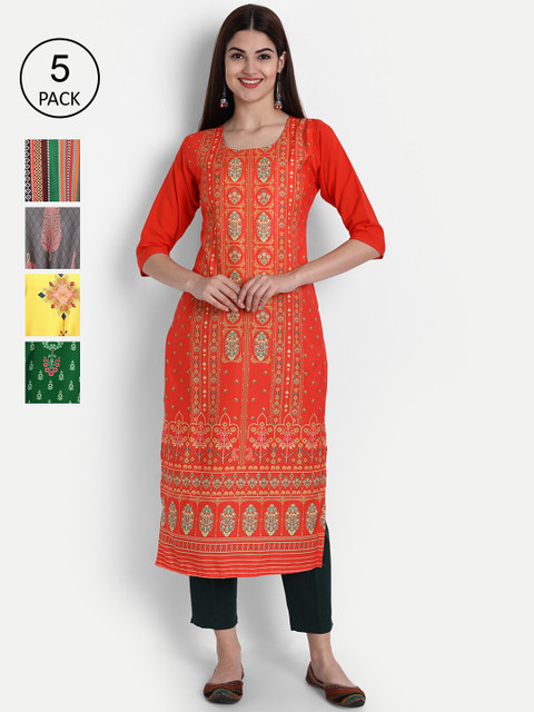 

1 Stop Fashion Women Pack of 5 Digital Print Straight Kurtas, Multi