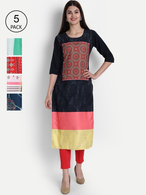 

1 Stop Fashion Women Pack of 5 Multicoloured Printed Straight Kurtas, Multi