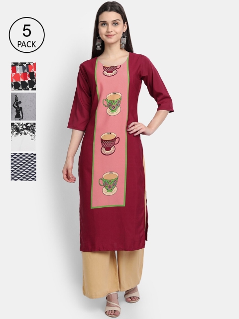 

1 Stop Fashion Women Pack of 5 Multicoloured Printed Straight Kurtas, Multi