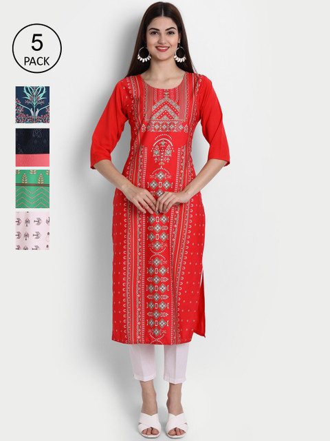 

1 Stop Fashion Women Pack of 5 Multicoloured Printed Straight Kurtas, Multi