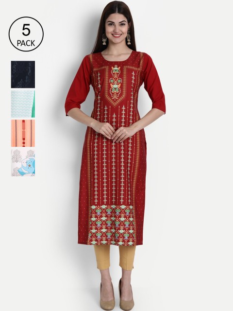 

1 Stop Fashion Women Pack of 5 Multicoloured Printed Straight Kurtas, Multi