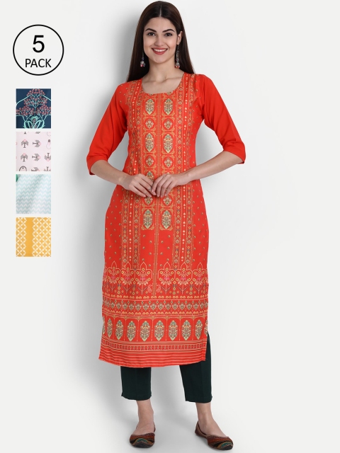 

1 Stop Fashion Women Pack of 5 Multicoloured Printed Straight Kurtas, Multi