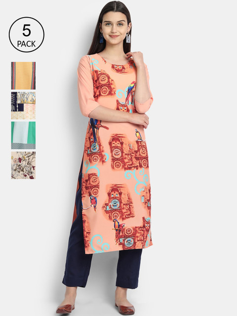 

1 Stop Fashion Women Pack of 5 Digital Print Straight Kurtas, Multi