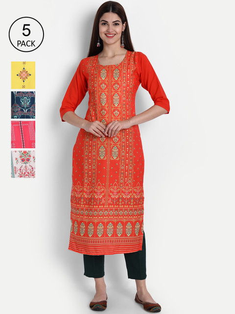 

1 Stop Fashion Women Multicoloured Floral Embroidered Mirror Work Crepe Kurta, Multi