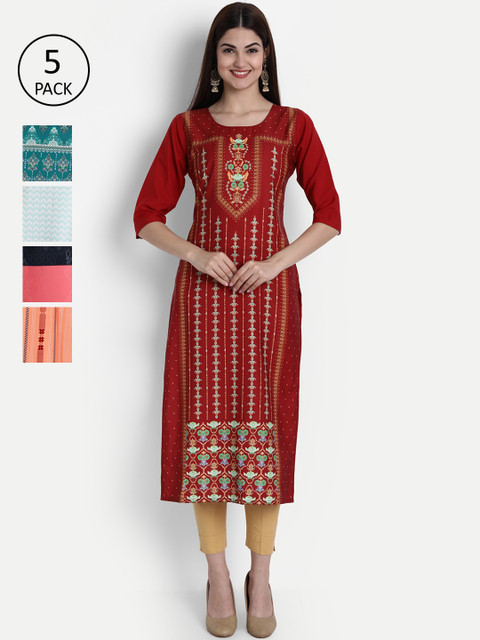 

1 Stop Fashion Women Pack of 5 Digital Print Straight Kurtas, Multi