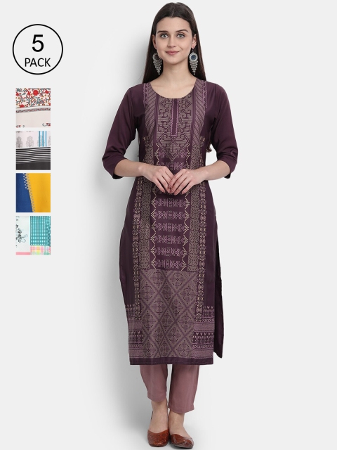 

1 Stop Fashion Women Pack of 5 Multicoloured Printed Straight Kurtas, Multi