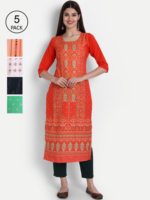 

1 Stop Fashion Women Pack of 5 Multicoloured Printed Straight Kurtas, Multi