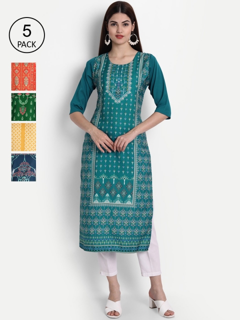 

1 Stop Fashion Women Pack of 5 Digital Print Straight Kurtas, Multi