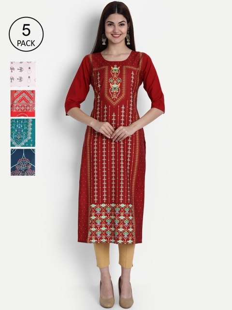 

1 Stop Fashion Women Pack of 5 Multicoloured Printed Straight Kurtas, Multi