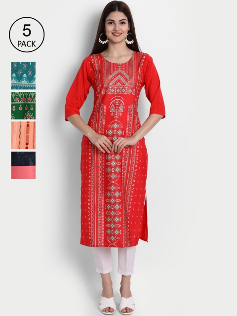 

1 Stop Fashion Women Pack of 5 Digital Print Straight Kurtas, Multi