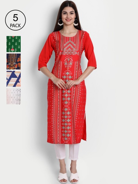 

1 Stop Fashion Women Pack of 5 Multicoloured Printed Straight Kurtas, Multi