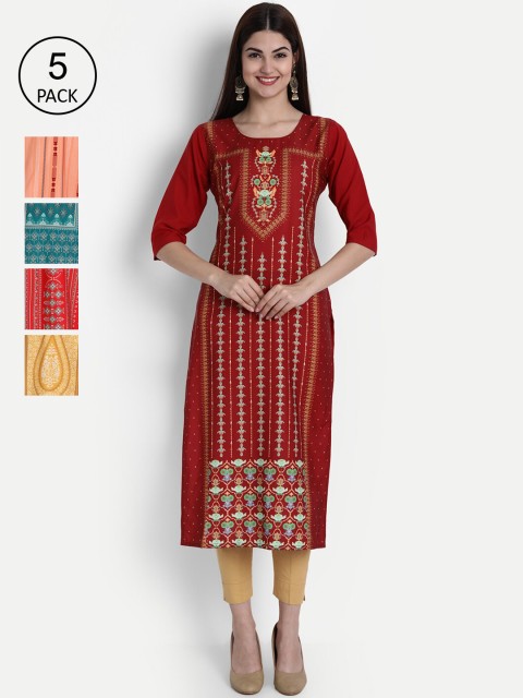 

1 Stop Fashion Women Pack of 5 Digital Print Straight Kurtas, Multi