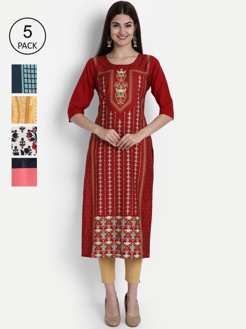 

1 Stop Fashion Women Pack of 5 Digital Print Straight Kurtas, Multi