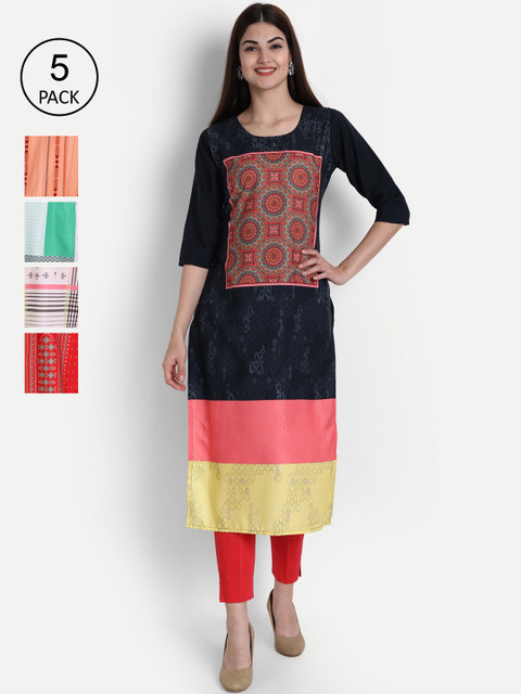 

1 Stop Fashion Women Multicoloured Striped Flared Sleeves Thread Work Crepe Kaftan Kurta, Multi
