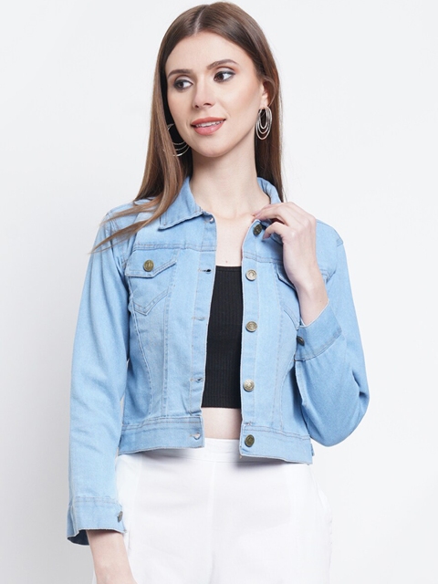 

Purple State Women Blue Solid Crop Cotton Denim Jacket