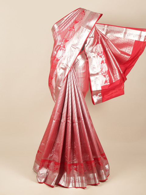

Pothys Red & Silver-Toned Ethnic Motifs Zari Pure Silk Saree