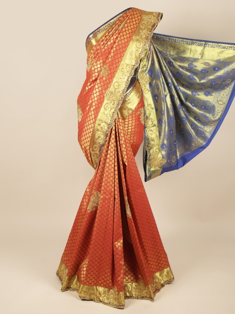 

Pothys Orange & Gold-Toned Embellished Beads and Stones Pure Silk Saree