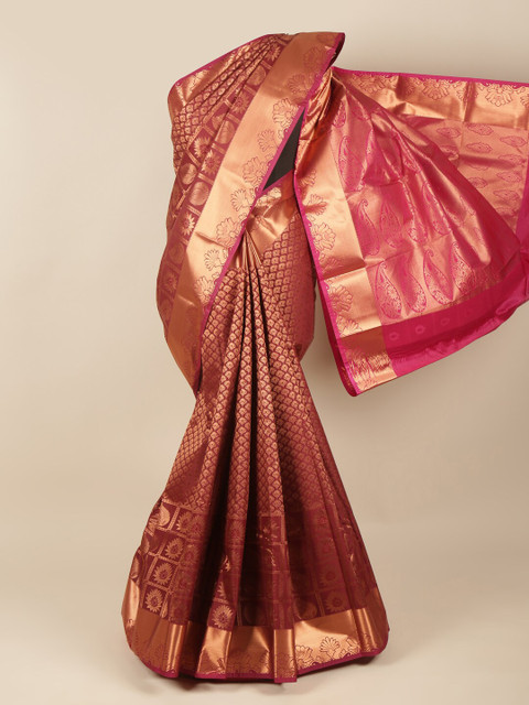 

Pothys Maroon & Gold-Toned Floral Zari Pure Silk Saree