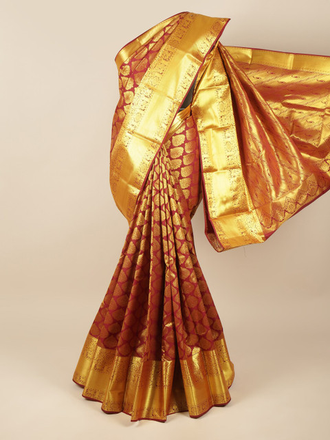 

Pothys Maroon & Gold-Toned Ethnic Motifs Zari Pure Silk Saree