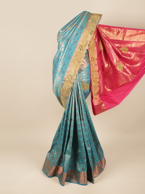 

Pothys Blue & Fuchsia Ethnic Motifs Beads and Stones Pure Silk Saree