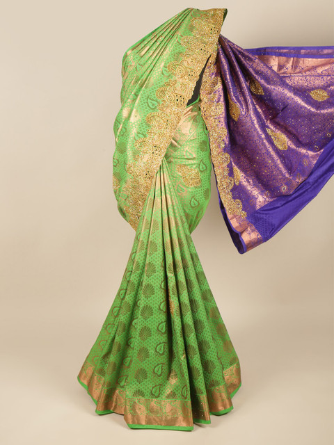 

Pothys Green & Blue Ethnic Motifs Beads and Stones Pure Silk Saree