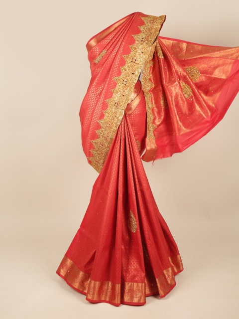 

Pothys Red & Gold-Toned Embellished Zari Pure Silk Saree