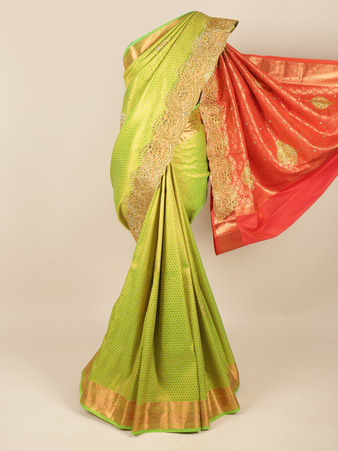 

Pothys Green & Orange Ethnic Motifs Beads and Stones Pure Silk Saree