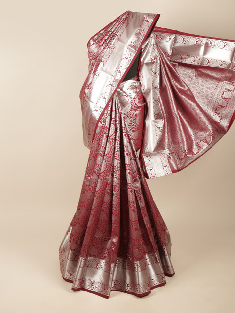 

Pothys Maroon & Silver-Toned Ethnic Motifs Zari Pure Silk Saree