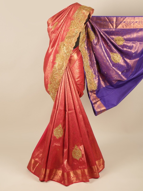 

Pothys Pink & Violet Ethnic Motifs Beads and Stones Pure Silk Saree