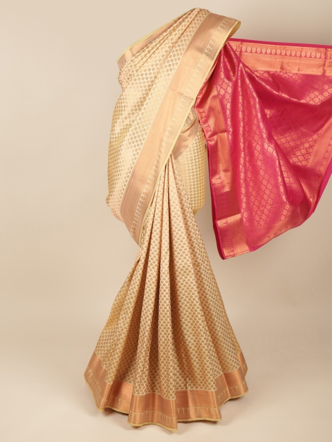 

Pothys Cream-Coloured & Magenta Ethnic Motifs Zari Pure Silk Saree