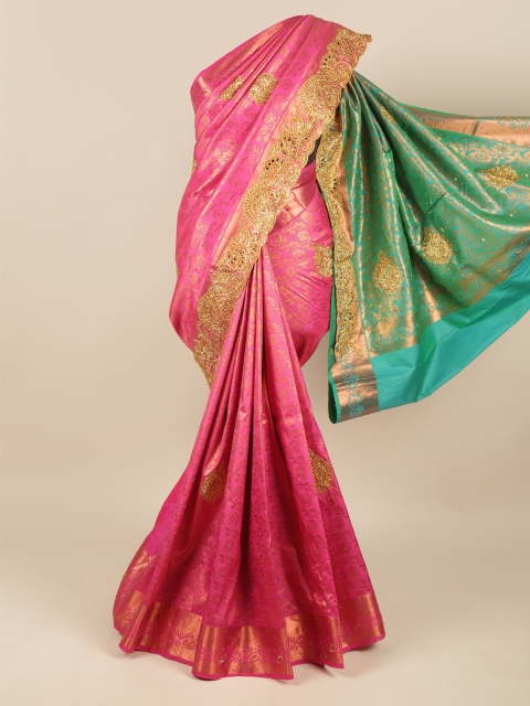 

Pothys Pink & Green Ethnic Motifs Beads and Stones Pure Silk Saree