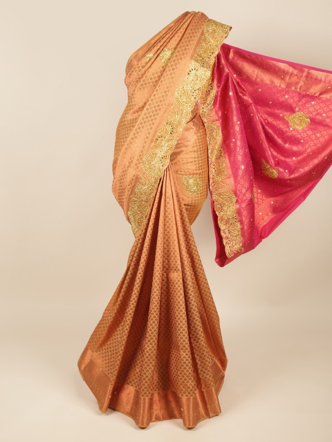 

Pothys Cream-Coloured & Fuchsia Ethnic Motifs Beads and Stones Pure Silk Saree