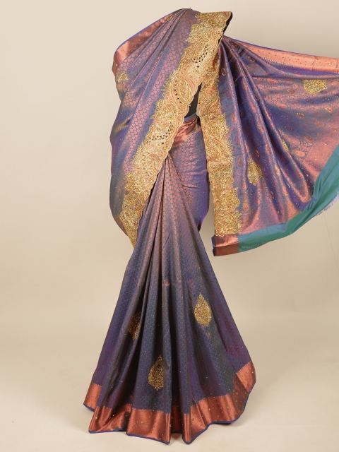 

Pothys Blue & Copper-Toned Embellished Beads and Stones Pure Silk Saree