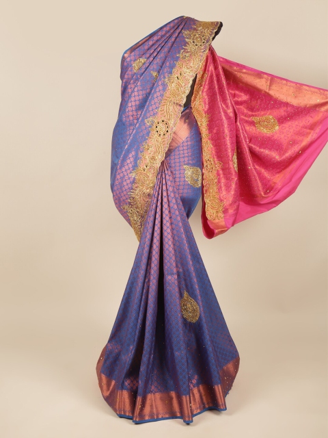 

Pothys Blue & Fuchsia Floral Beads and Stones Pure Silk Saree