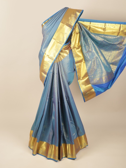 

Pothys Blue & Gold-Toned Floral Zari Pure Silk Saree