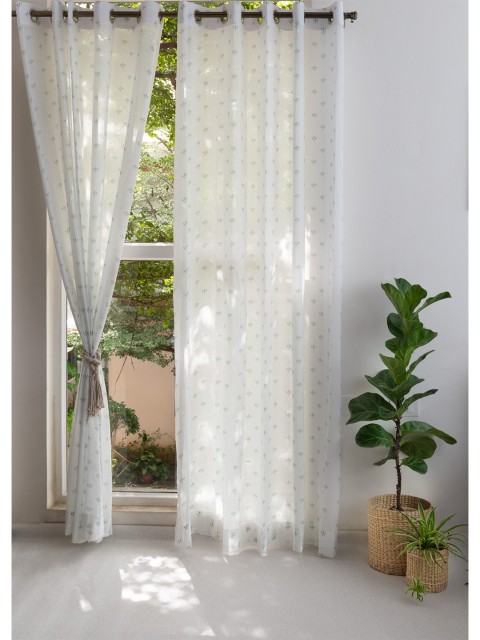 

The Yellow Dwelling Off White & Blue Geometric Cotton Sheer Door Curtain