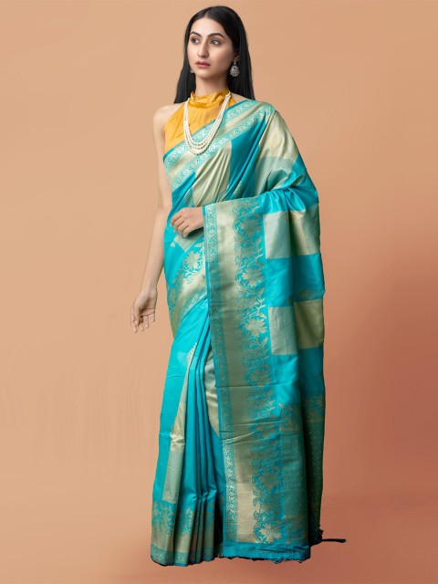 

Unnati Silks Green & Gold Ethnic Motifs Silk Cotton Banarasi Saree