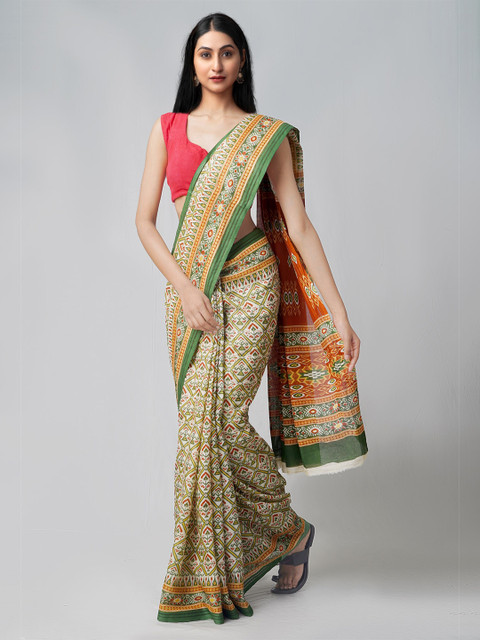 

Unnati Silks Cream-Coloured & Green Ethnic Motifs Pure Cotton Kovai Saree