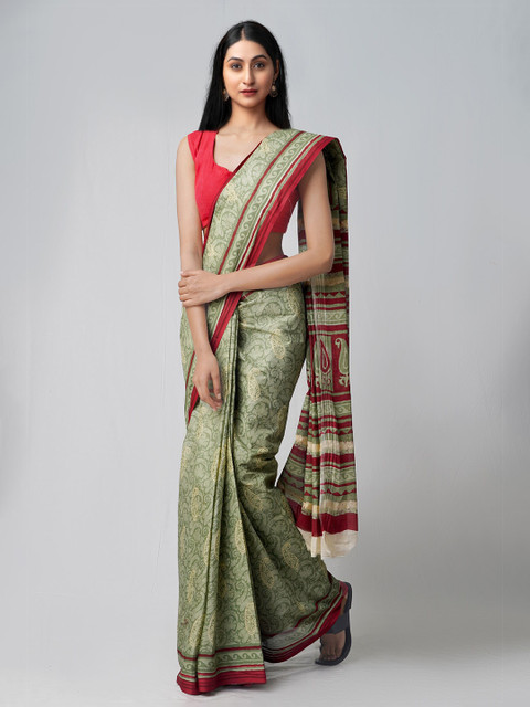 

Unnati Silks Green & Red Ethnic Motifs Pure Cotton Kovai Saree