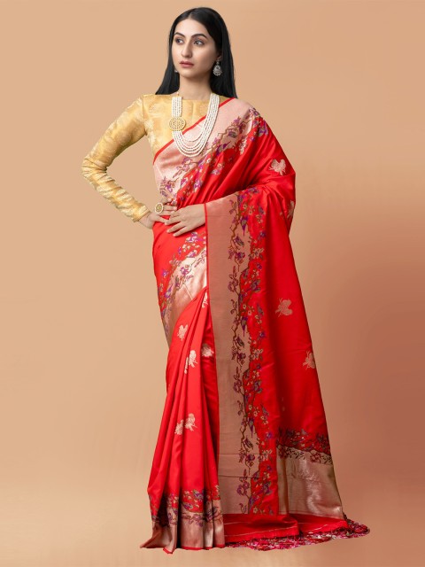 

Unnati Silks Red & Gold-Toned Woven Design Zari Silk Cotton Banarasi Saree