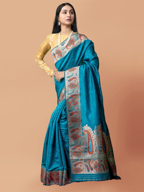 

Unnati Silks Blue & Red Ethnic Motifs Silk Cotton Banarasi Saree
