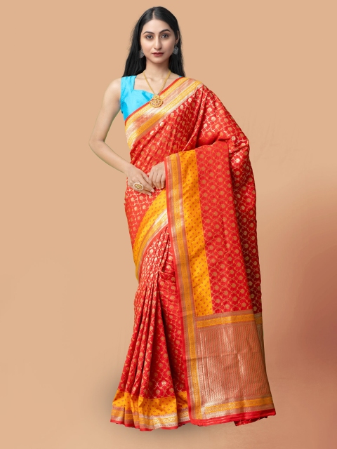 

Unnati Silks Red & Yellow Ethnic Motifs Silk Cotton Kanjeevaram Saree